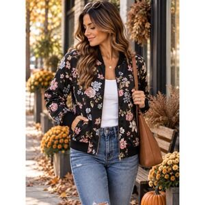Pink Rose Floral Bomber Jacket Women S Black Y2K Zip Up Fall Lightweight